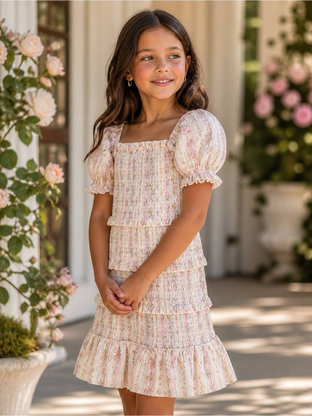 Katie J NYC Girls Margaret Smocked Tiered Mini Dress S Pink Floral Stripe NWT